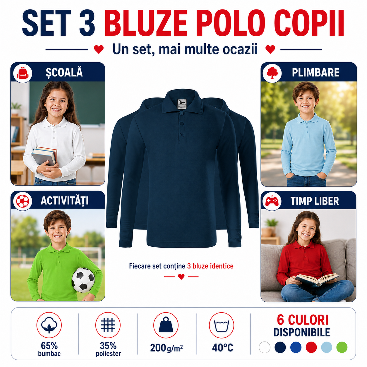 Set bluze polo copii pentru școală uniformă și timp liber 65% bumbac